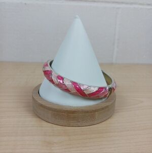 Pink Striped Enamel Hinged Bangle Clamper Silver Tone Bracelet